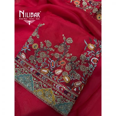 Tomato Red Organza Shirt & Dupatta Paired With Crepe Bottom