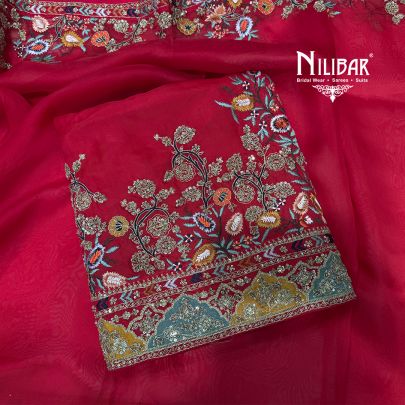 Tomato Red Organza Shirt & Dupatta Paired With Crepe Bottom