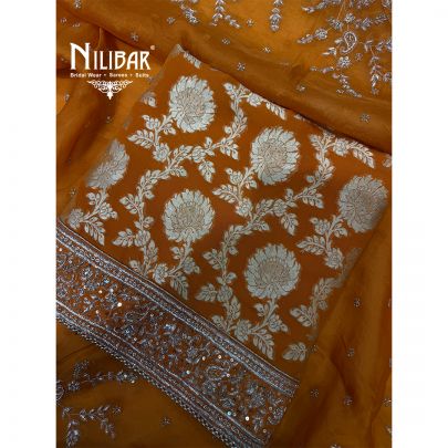 Orange Banarsi Georgette Shirt Paired With Organza Dupatta & Crepe Bottom