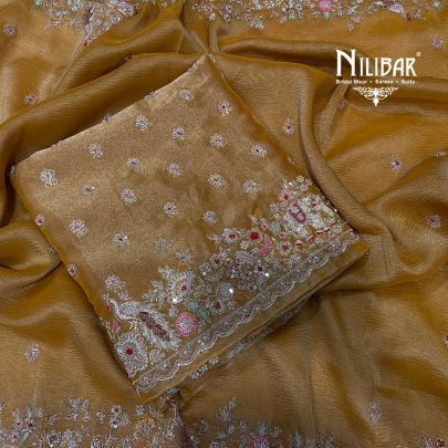 Mustard Lame Silk Shirt Paired With Tissue Dupatta & Crepe Bottom