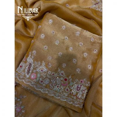 Mustard Lame Silk Shirt Paired With Tissue Dupatta & Crepe Bottom