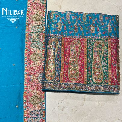 Turquoise Blue Brocade Silk Unstitched Suit