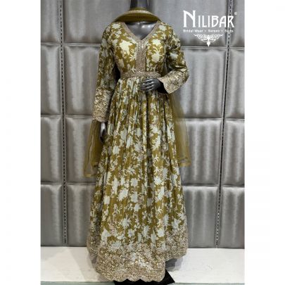 Mehndi Green Long Length Chinnon Printed Anarkali
