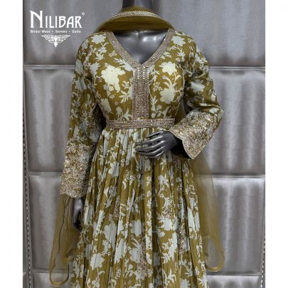 Mehndi Green Long Length Chinnon Printed Anarkali