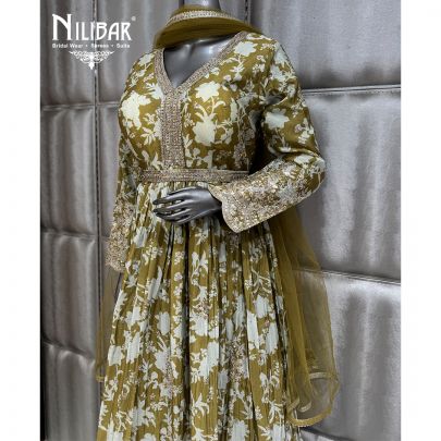 Mehndi Green Long Length Chinnon Printed Anarkali