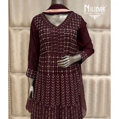 Wine Georgette Chinnon Suit & Dupatta