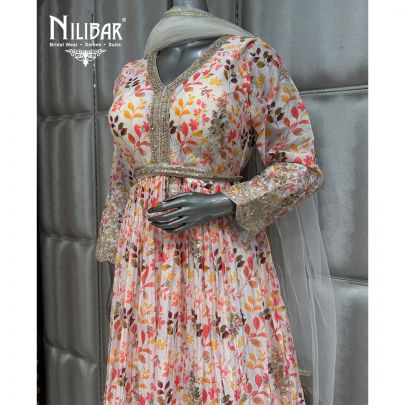 White Chinnon Printed Anarkali Suit