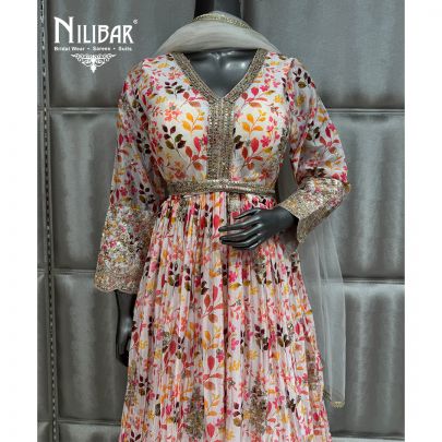 White Chinnon Printed Anarkali Suit