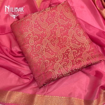 Onion Pink Banarasi Silk Unstitched Suits With Chiffon Dupatta