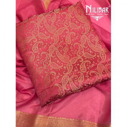 Onion Pink Banarasi Silk Unstitched Suits With Chiffon Dupatta