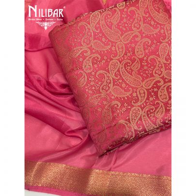 Onion Pink Banarasi Silk Unstitched Suits With Chiffon Dupatta