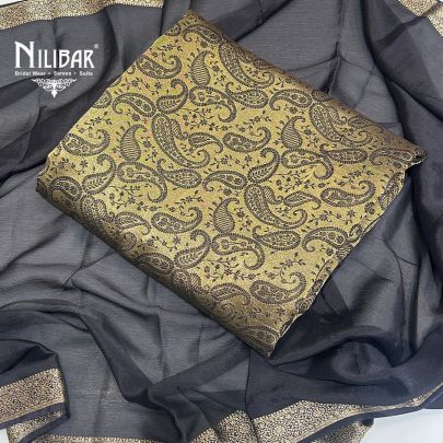 Gold & Black Banarasi Silk Unstitched Suits With Chiffon Dupatta