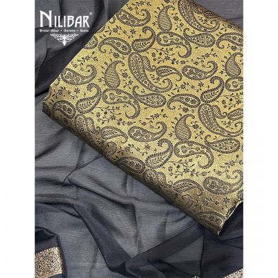 Gold & Black Banarasi Silk Unstitched Suits With Chiffon Dupatta