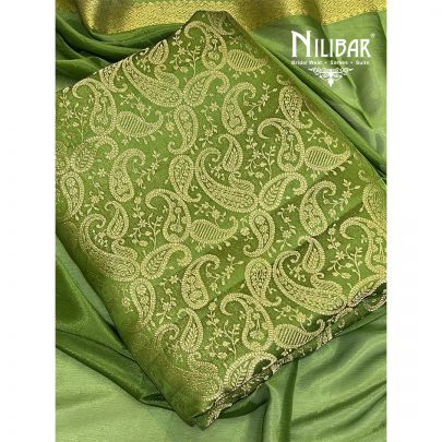 Parrot Green Banarasi Silk Unstitched Suits With Chiffon Dupatta