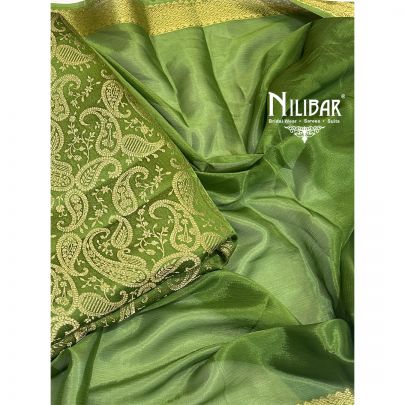 Parrot Green Banarasi Silk Unstitched Suits With Chiffon Dupatta
