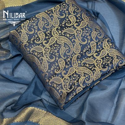 Steel Blue Banarasi Silk Unstitched Suits With Chiffon Dupatta