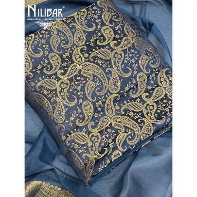 Steel Blue Banarasi Silk Unstitched Suits With Chiffon Dupatta