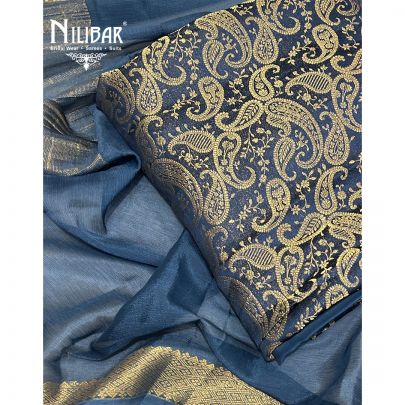 Steel Blue Banarasi Silk Unstitched Suits With Chiffon Dupatta