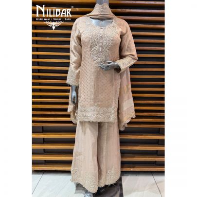 Peach Lame Silk Mid Length Shirt Paired With Palazzo & Dupatta