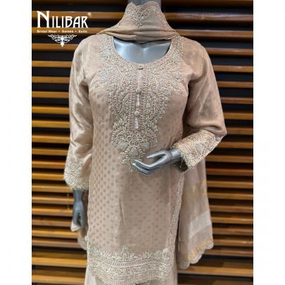 Peach Lame Silk Mid Length Shirt Paired With Palazzo & Dupatta