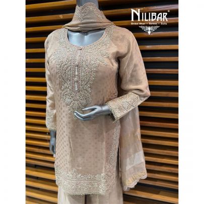 Peach Lame Silk Mid Length Shirt Paired With Palazzo & Dupatta