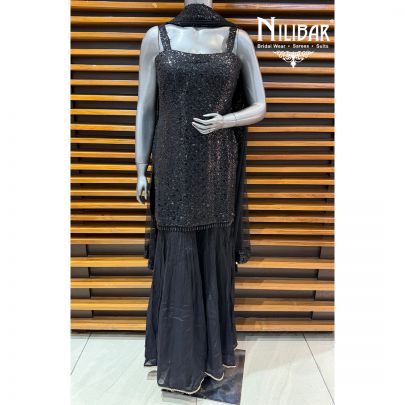 Black Georgette Mid Length Shirt Paired With Chinnon Garara & Net Dupatta