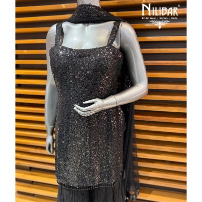 Black Georgette Mid Length Shirt Paired With Chinnon Garara & Net Dupatta