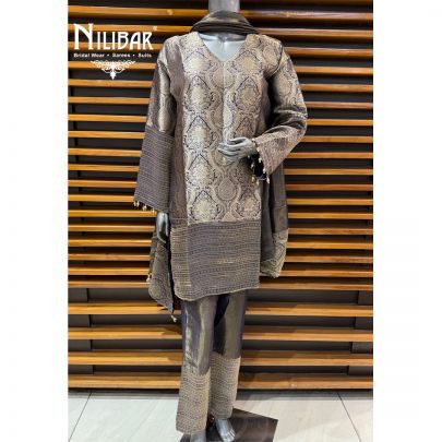 Navy Blue Banarasi Shirt Paired With Lame Silk Bottom & Dupatta