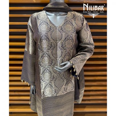 Navy Blue Banarasi Shirt Paired With Lame Silk Bottom & Dupatta