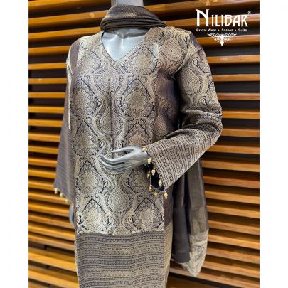 Navy Blue Banarasi Shirt Paired With Lame Silk Bottom & Dupatta