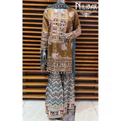 Brown & Peacock Blue Crepe Mid Length Shirt Paired With Garara & Shiffon Dupatta