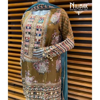 Brown & Peacock Blue Crepe Mid Length Shirt Paired With Garara & Shiffon Dupatta