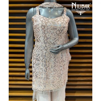 Peach Georgette Mid Length Shirt Paired With Jaffa Pants & Net Dupatta