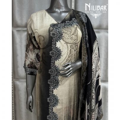 Ivory and Black Muslin Long Kurta Paired With Pants and Dupatta