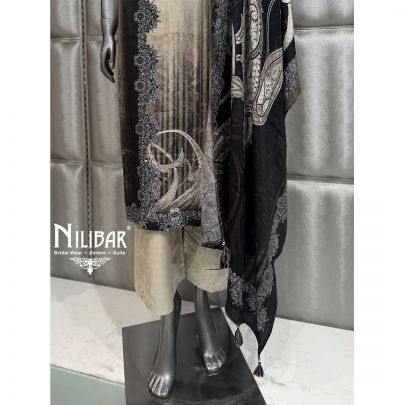Ivory and Black Muslin Long Kurta Paired With Pants and Dupatta