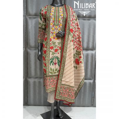 Ivory and Green Muslin Long Kurta Paired With Pants and Dupatta