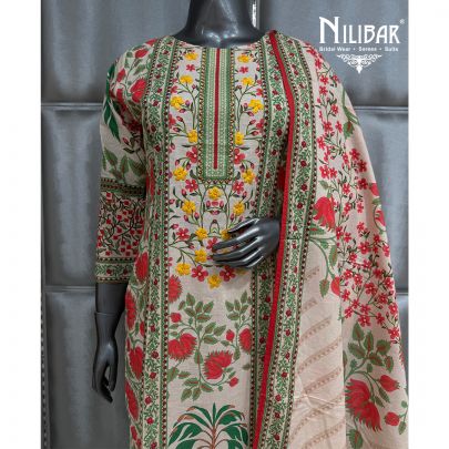 Ivory and Green Muslin Long Kurta Paired With Pants and Dupatta