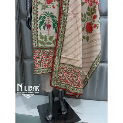 Ivory and Green Muslin Long Kurta Paired With Pants and Dupatta