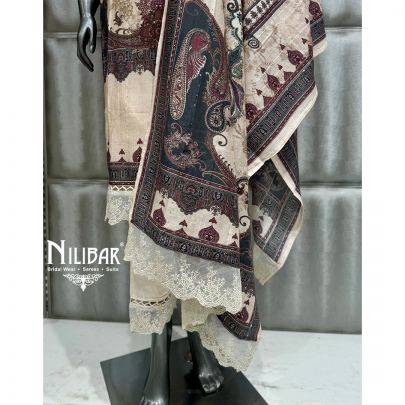 Ivory Muslin Long Kurta Paired With Pants and Dupatta