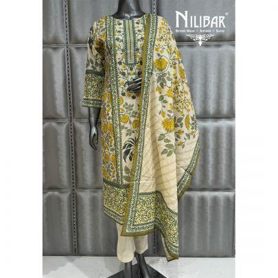 Ivory and Green Muslin Long Kurta Paired With Pants and Dupatta