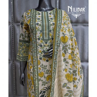 Ivory and Green Muslin Long Kurta Paired With Pants and Dupatta