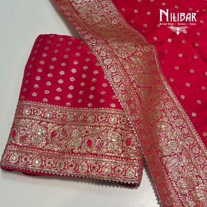 Bright Pink Organza Banarasi Weave Unstitched Suit