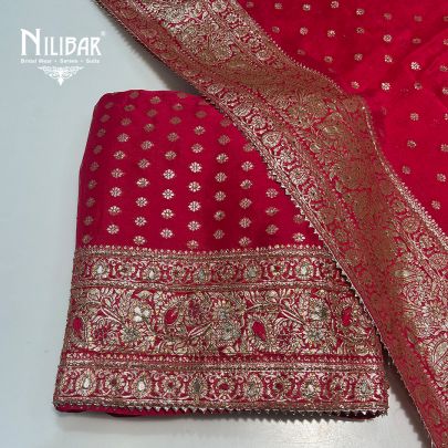 Bright Pink Organza Banarasi Weave Unstitched Suit