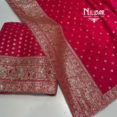 Bright Pink Organza Banarasi Weave Unstitched Suit