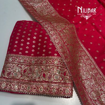 Bright Pink Organza Banarasi Weave Unstitched Suit