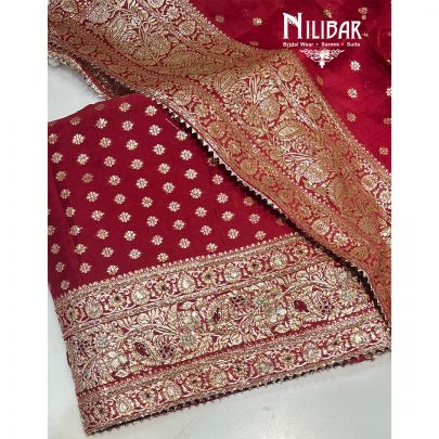 Maroon Red Organza Banarasi Weave Unstitched Suit