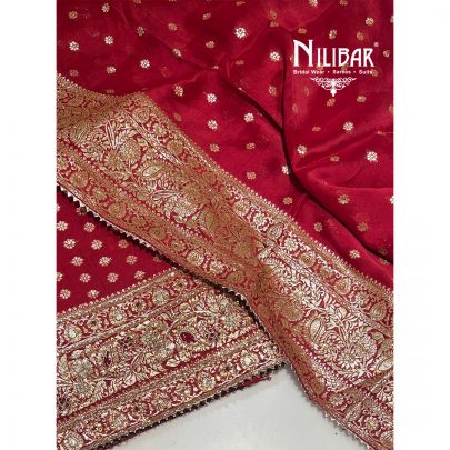Maroon Red Organza Banarasi Weave Unstitched Suit