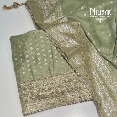 Pistachio Green Organza Banarasi Weave Unstitched Suit