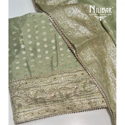 Pistachio Green Organza Banarasi Weave Unstitched Suit