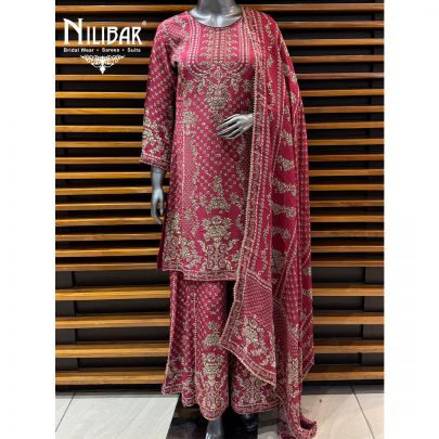 Carrot Red Crepe Long Shirt Paired With Loose Palazzo & Dupatta